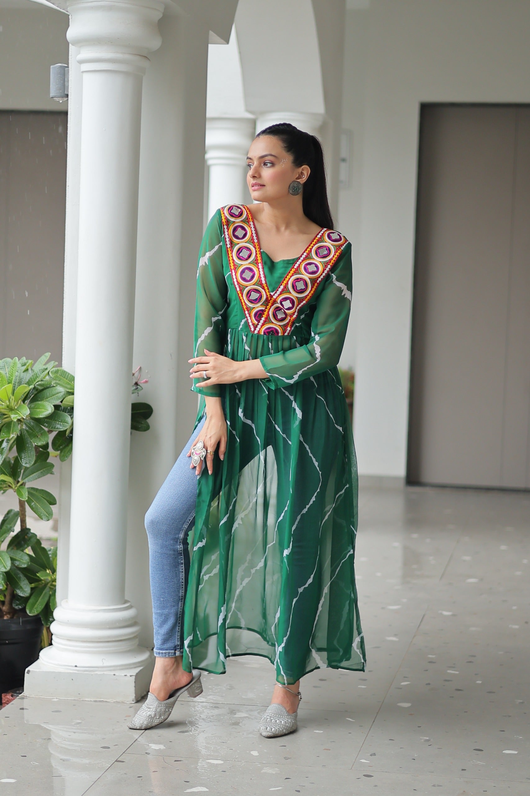 Georgette Leheriya Kurti with Kutchi Patchwork Neck