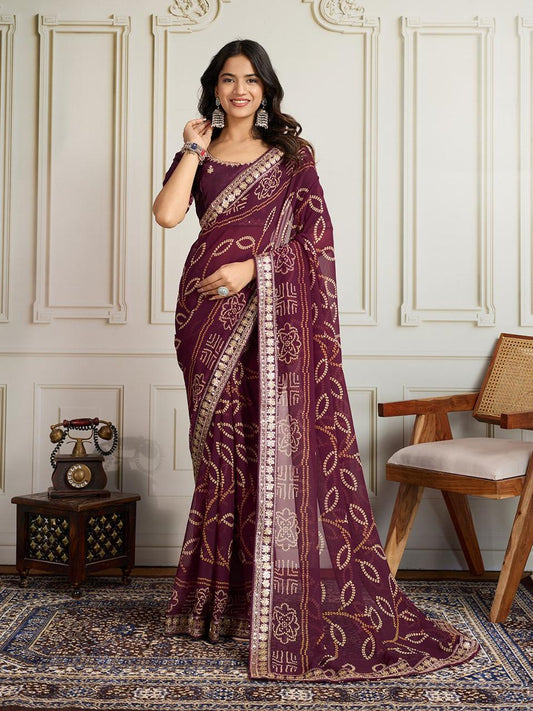 Georgette Bandhej Saree with Embroidery Lace Border