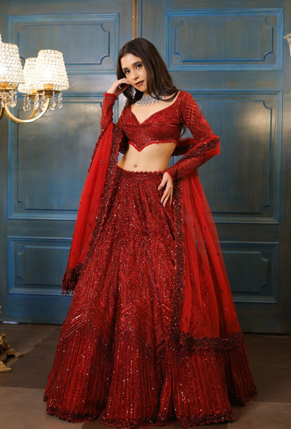 Glamorous Red Sequin Embellished Bridal Lehenga Set

