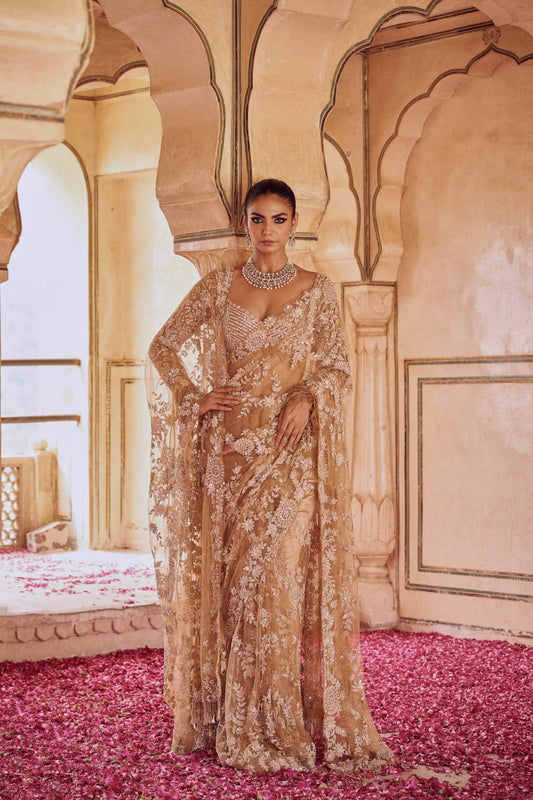 Gold Mono Net Saree with Heavy Multy & Sequin Embroidery
