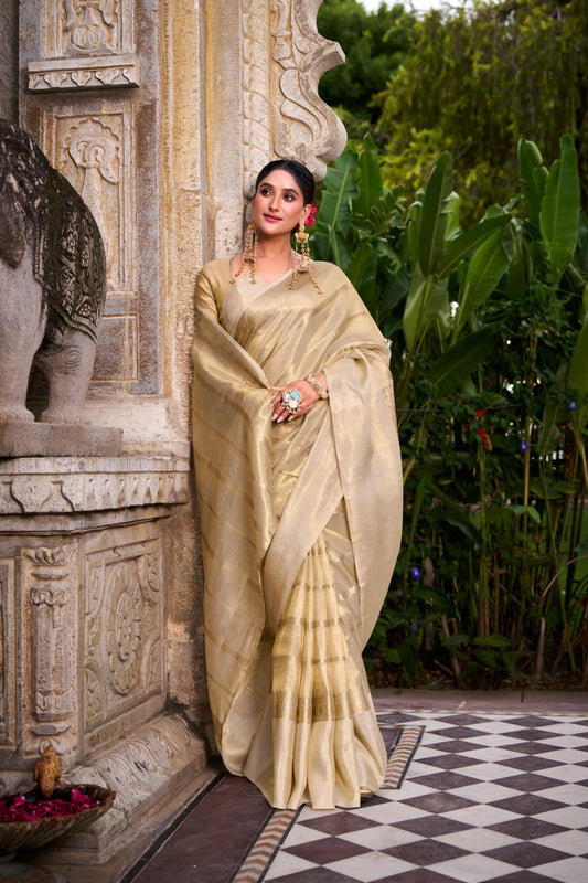 Gold Tissue with Zari Work Saree for Festive Occasion