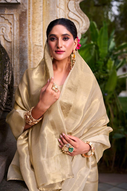 Gold Tissue with Zari Work Saree for Festive Occasion