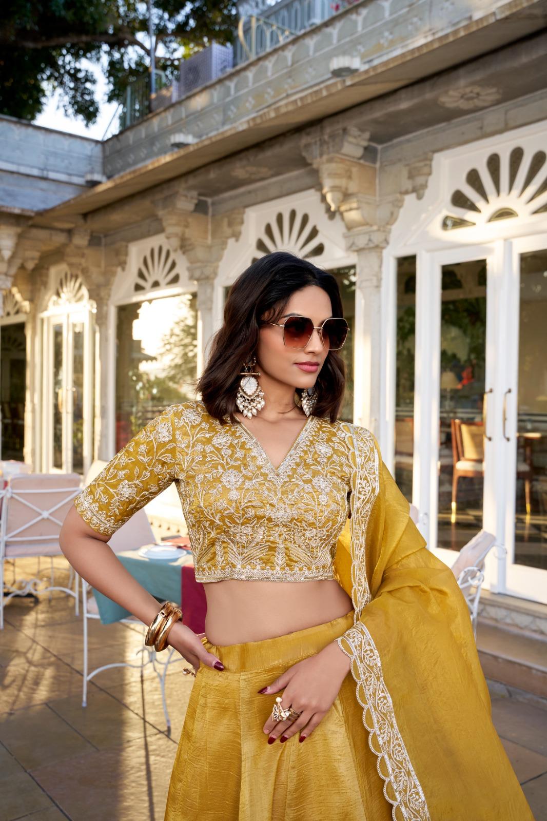 Gold Wedding Lehenga Choli with Embroidered Dupatta