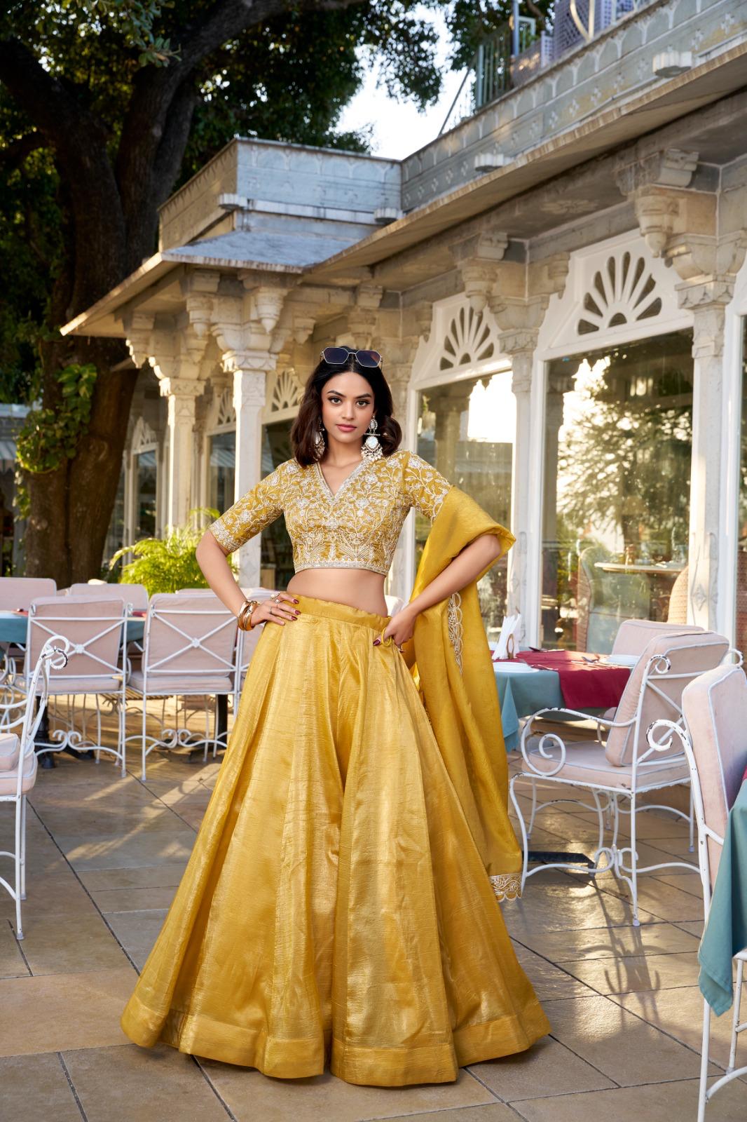 Gold Wedding Lehenga Choli with Embroidered Dupatta