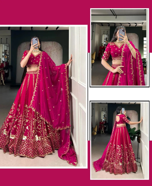 Golden Embroidered Pink Lehenga Set