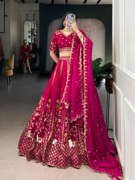 Golden Embroidered Pink Lehenga Set