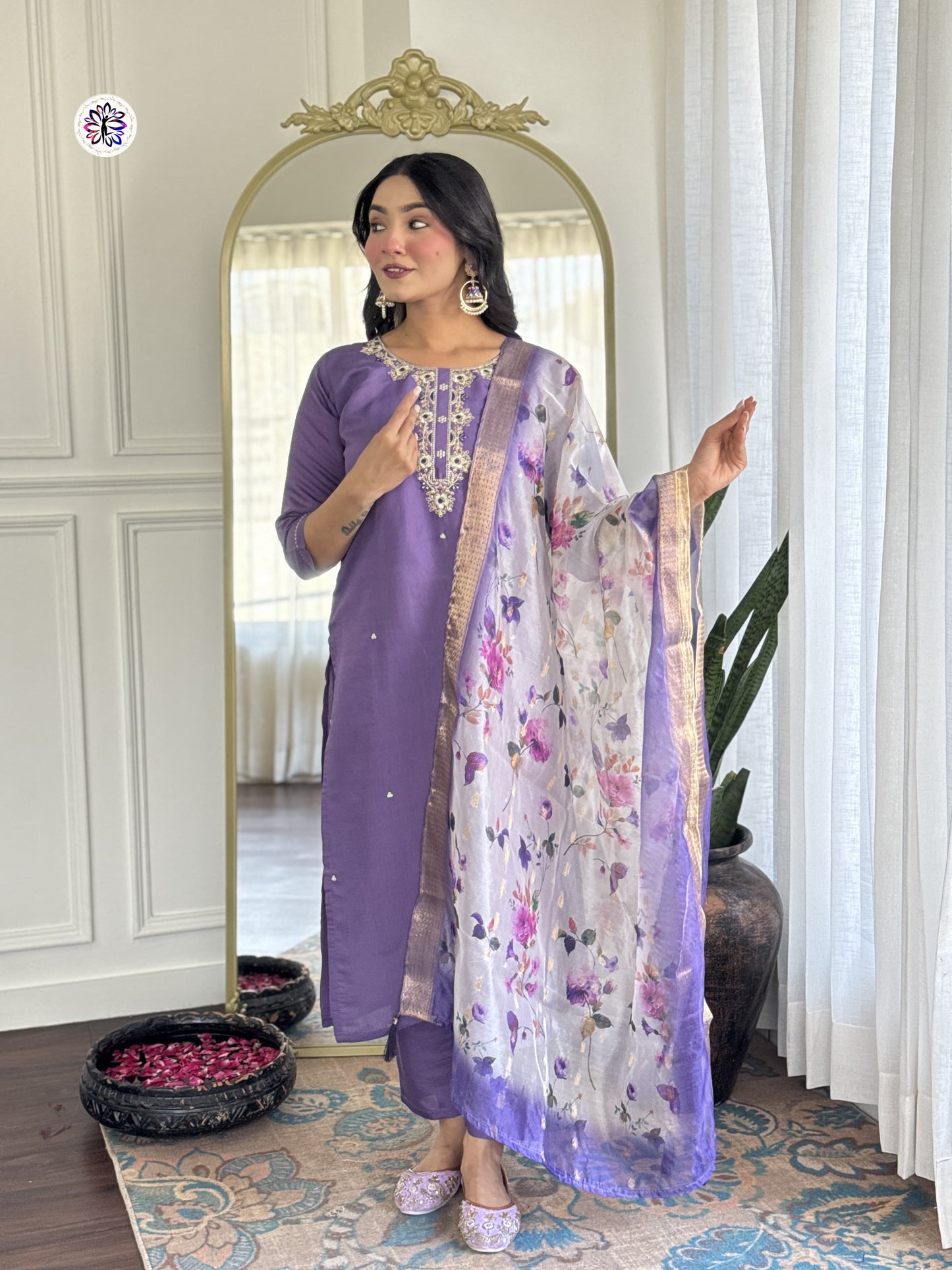 Graceful Lavender Embroidered Suit with Floral Dupatta