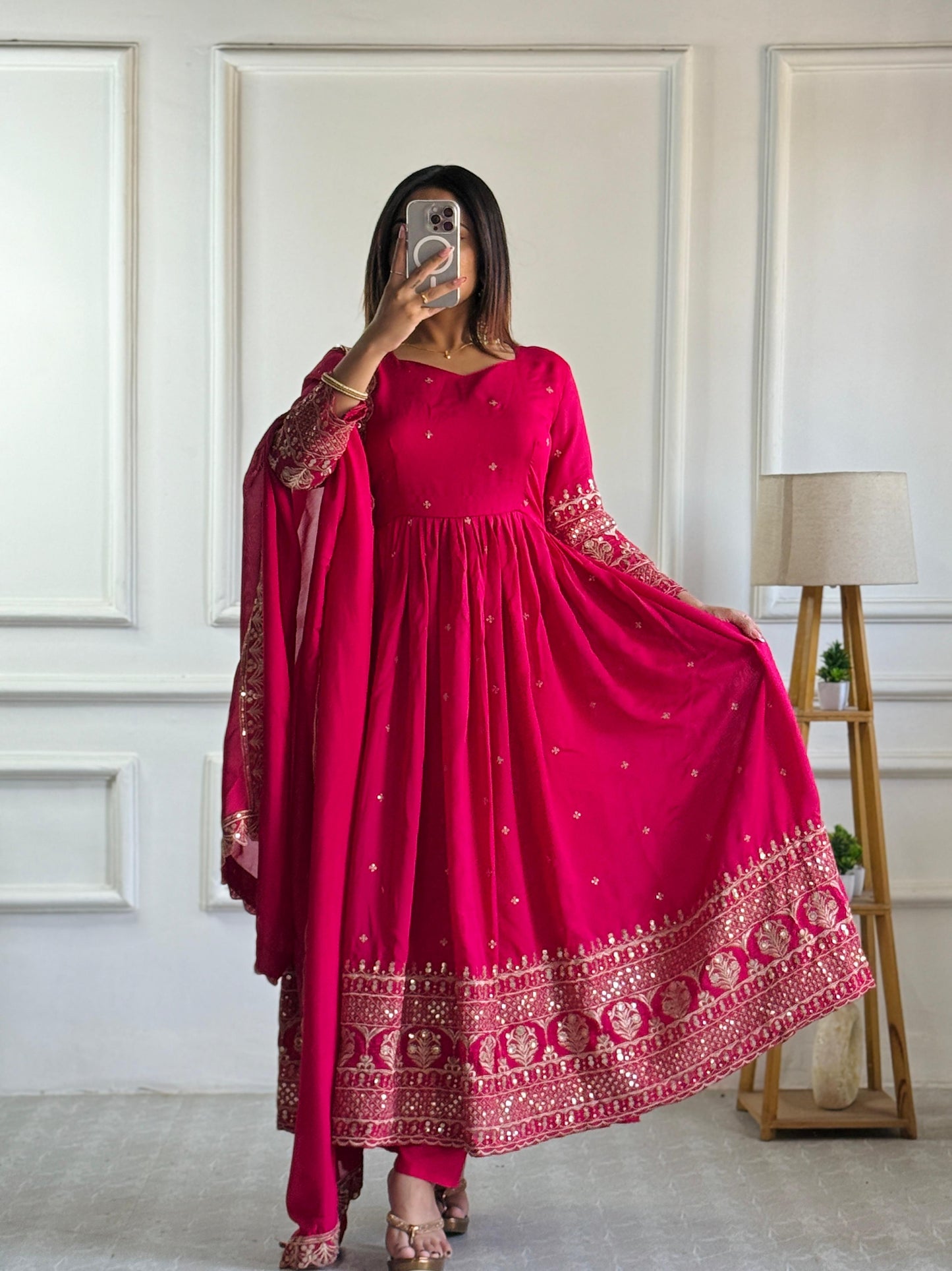 Graceful Pink Anarkali Suit with Golden Embroidery Work