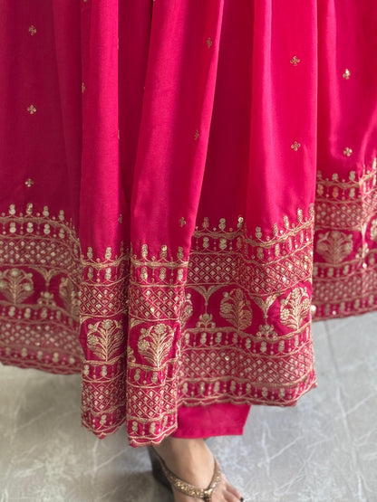 Graceful Pink Anarkali Suit with Golden Embroidery Work
