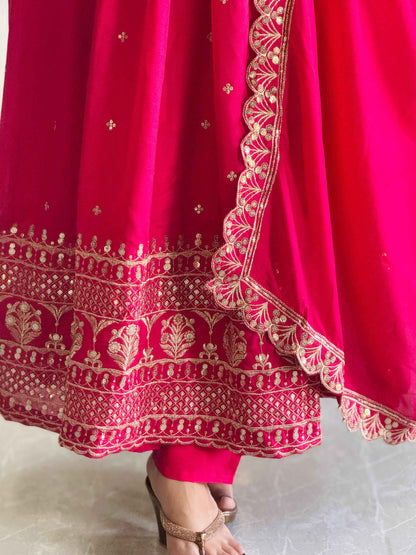 Graceful Pink Anarkali Suit with Golden Embroidery Work