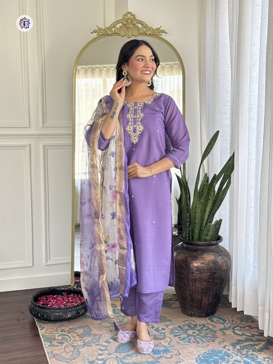 Graceful Lavender Embroidered Suit with Floral Dupatta
