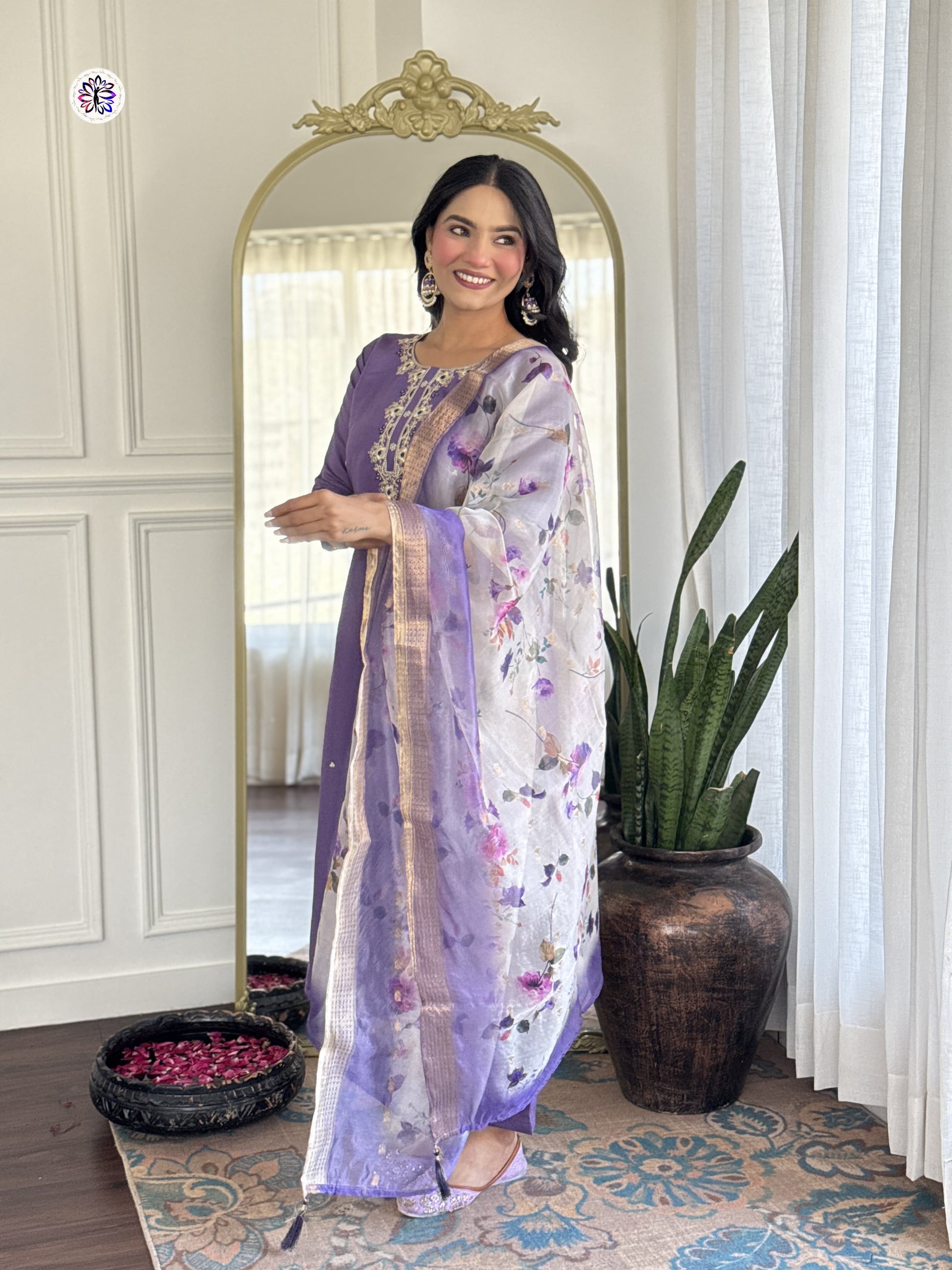 Graceful Lavender Embroidered Suit with Floral Dupatta