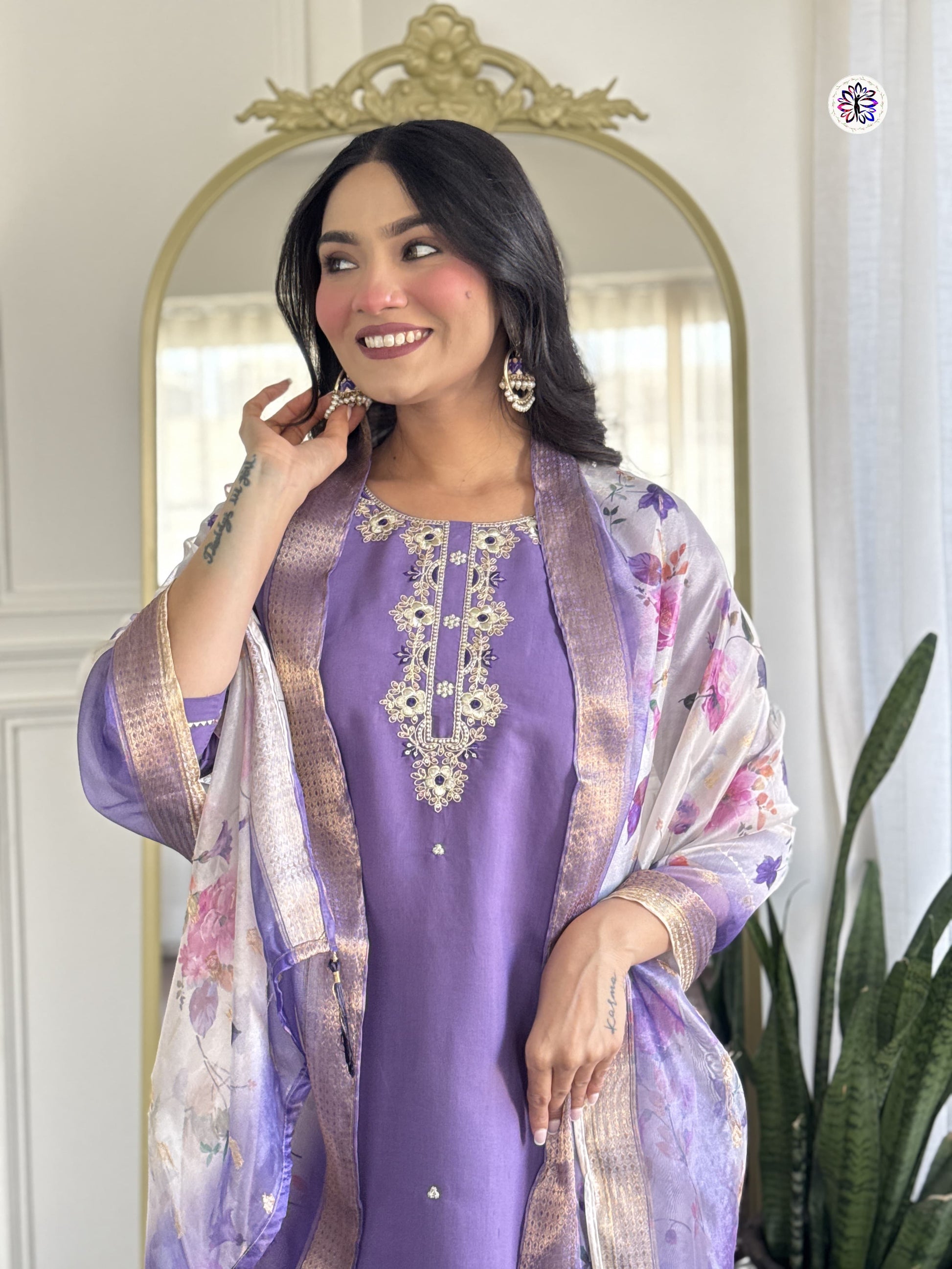 Graceful Lavender Embroidered Suit with Floral Dupatta
