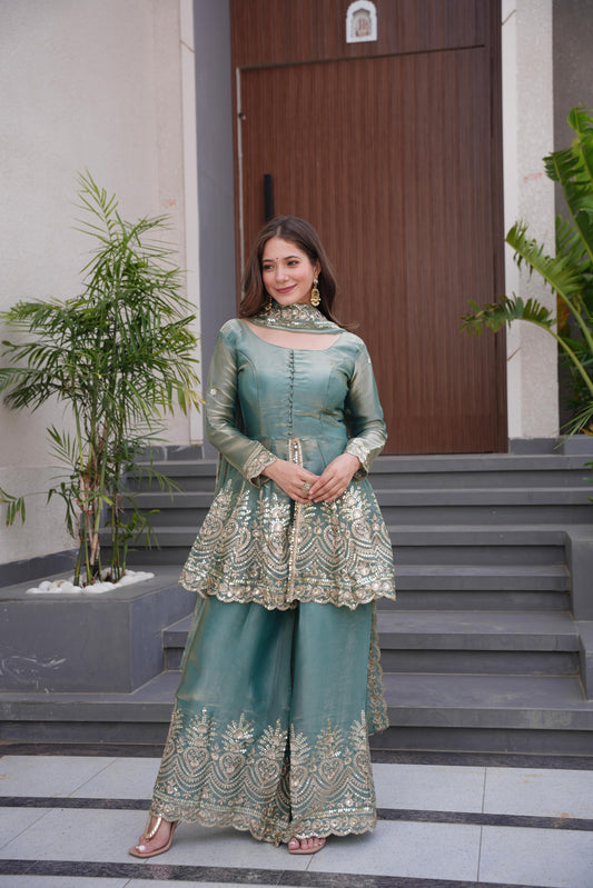 Green Embroidered Sharara Suit for Women  Party Wear