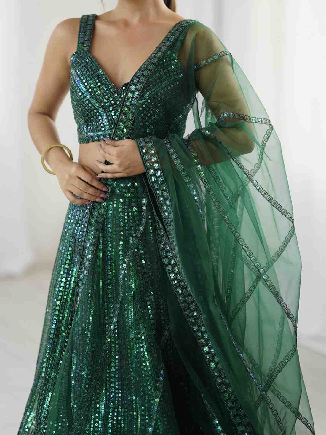 Green Sequin Net Lehenga Choli for Party & Wedding Look