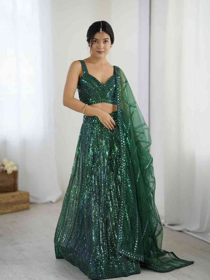 Green Sequin Net Lehenga Choli for Party & Wedding Look