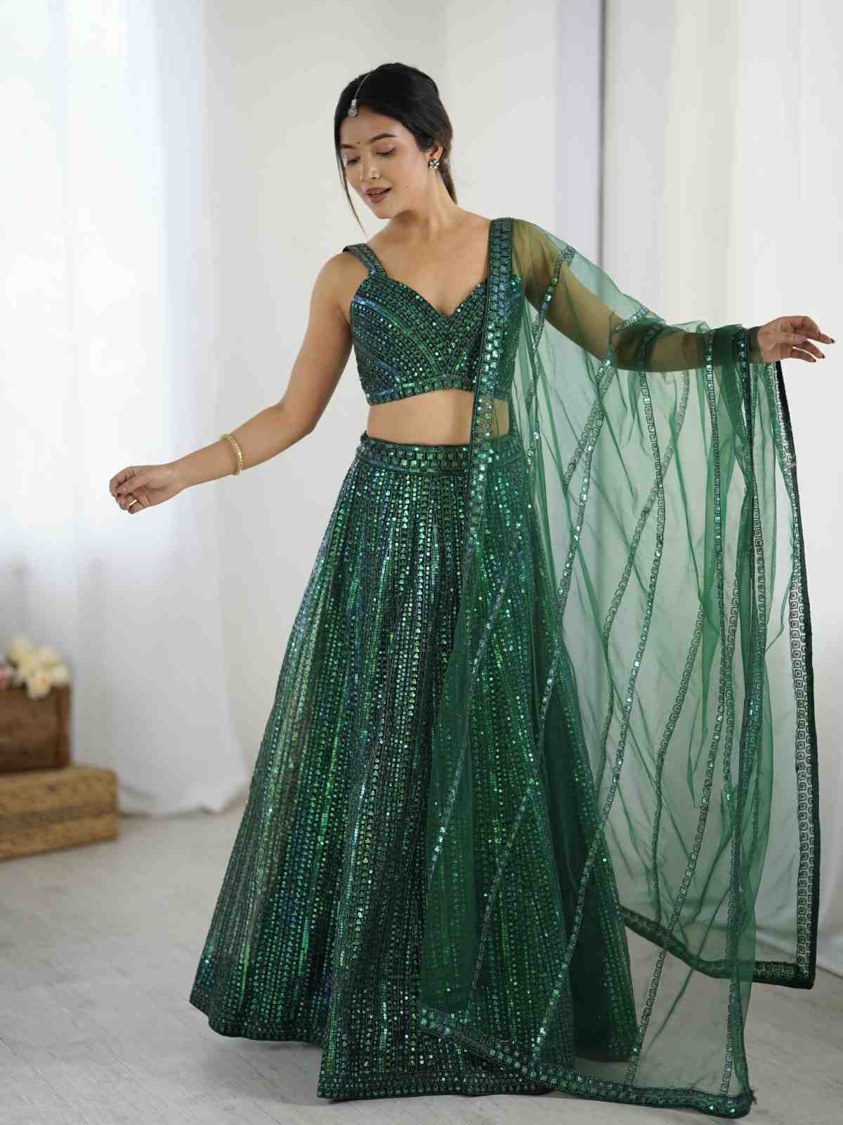 Green Sequin Net Lehenga Choli for Party & Wedding Look