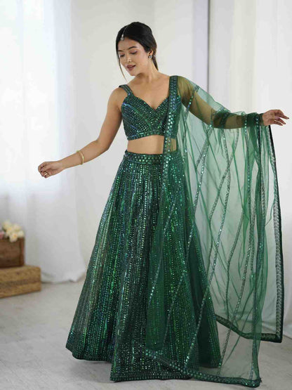 Green Sequin Net Lehenga Choli for Party & Wedding Look