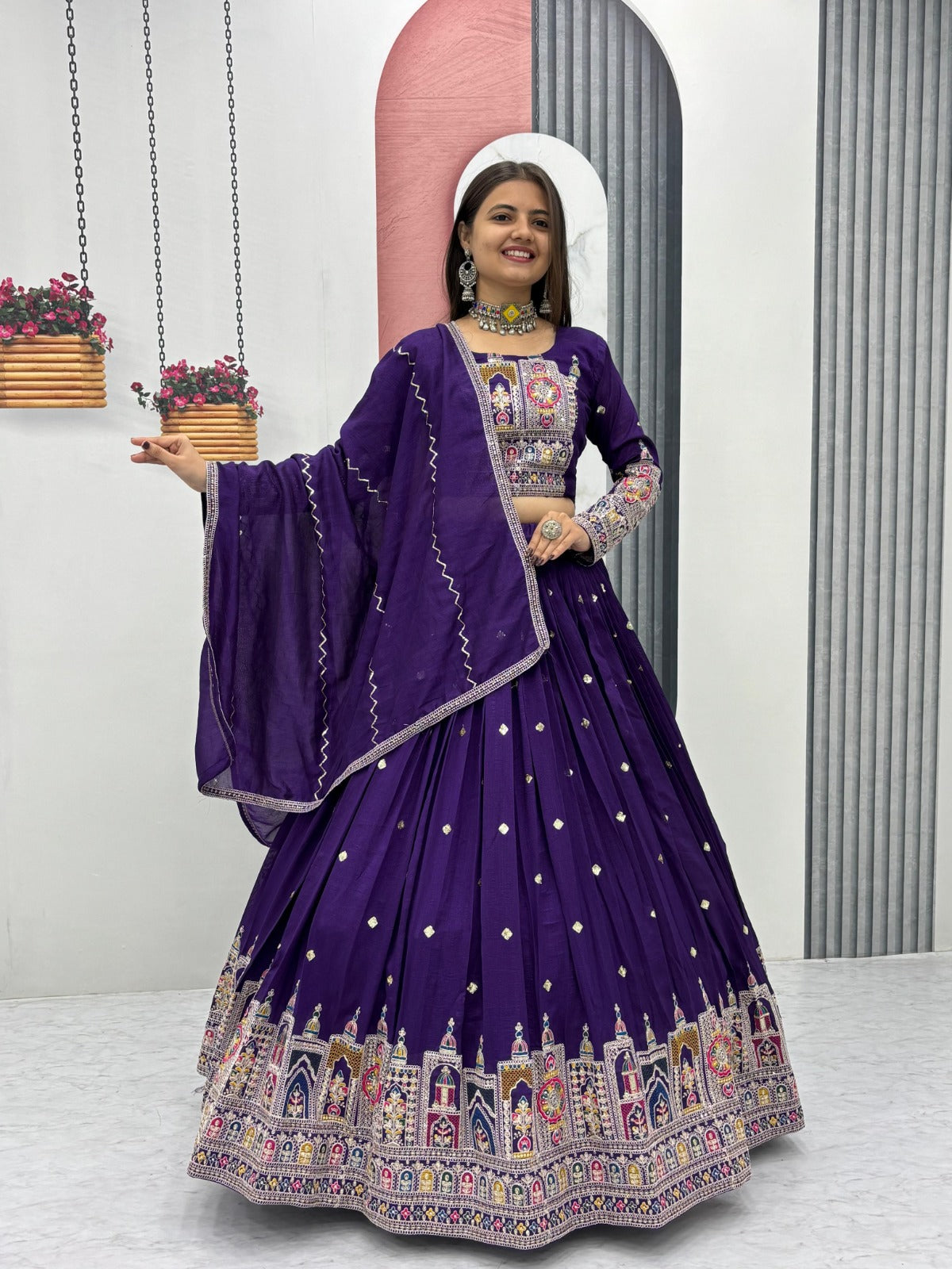 Heritage Motif Embroidered Lehenga Choli with Dupatta