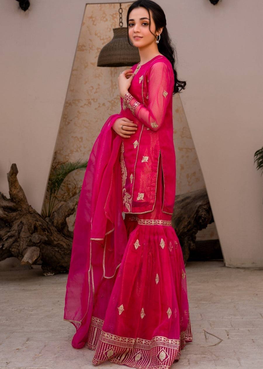 Hot Pink Embroidered Sharara Suit for Wedding & Festive