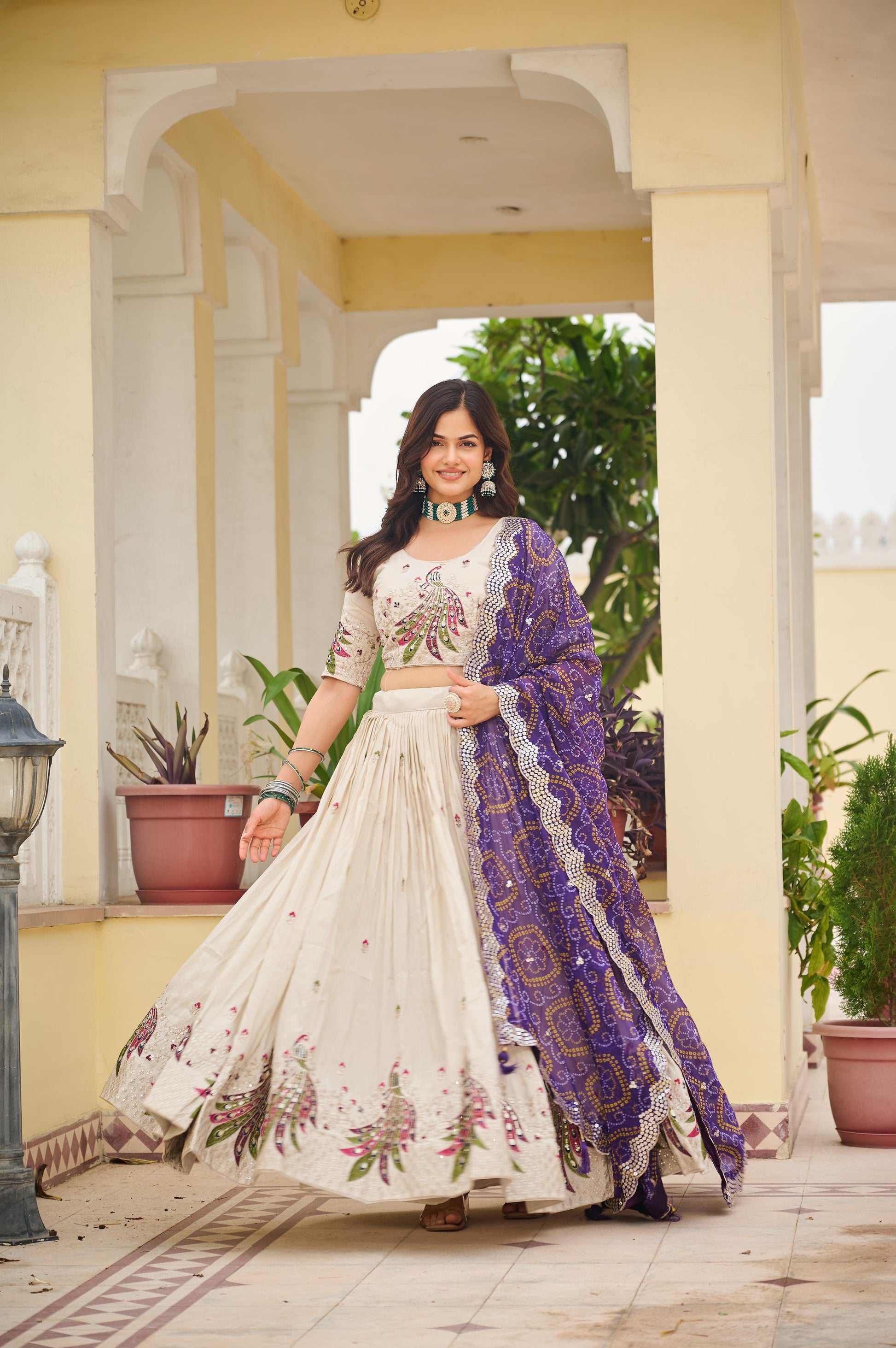 Ivory Embroidered Lehenga with Blue Dupatta for Festive Wear