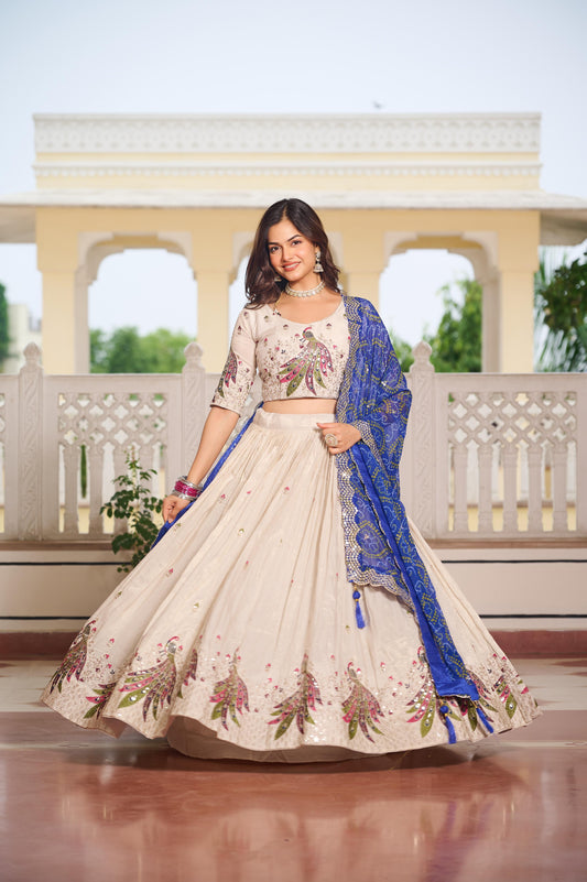 Ivory Embroidered Lehenga with Blue Dupatta for Festive Wear