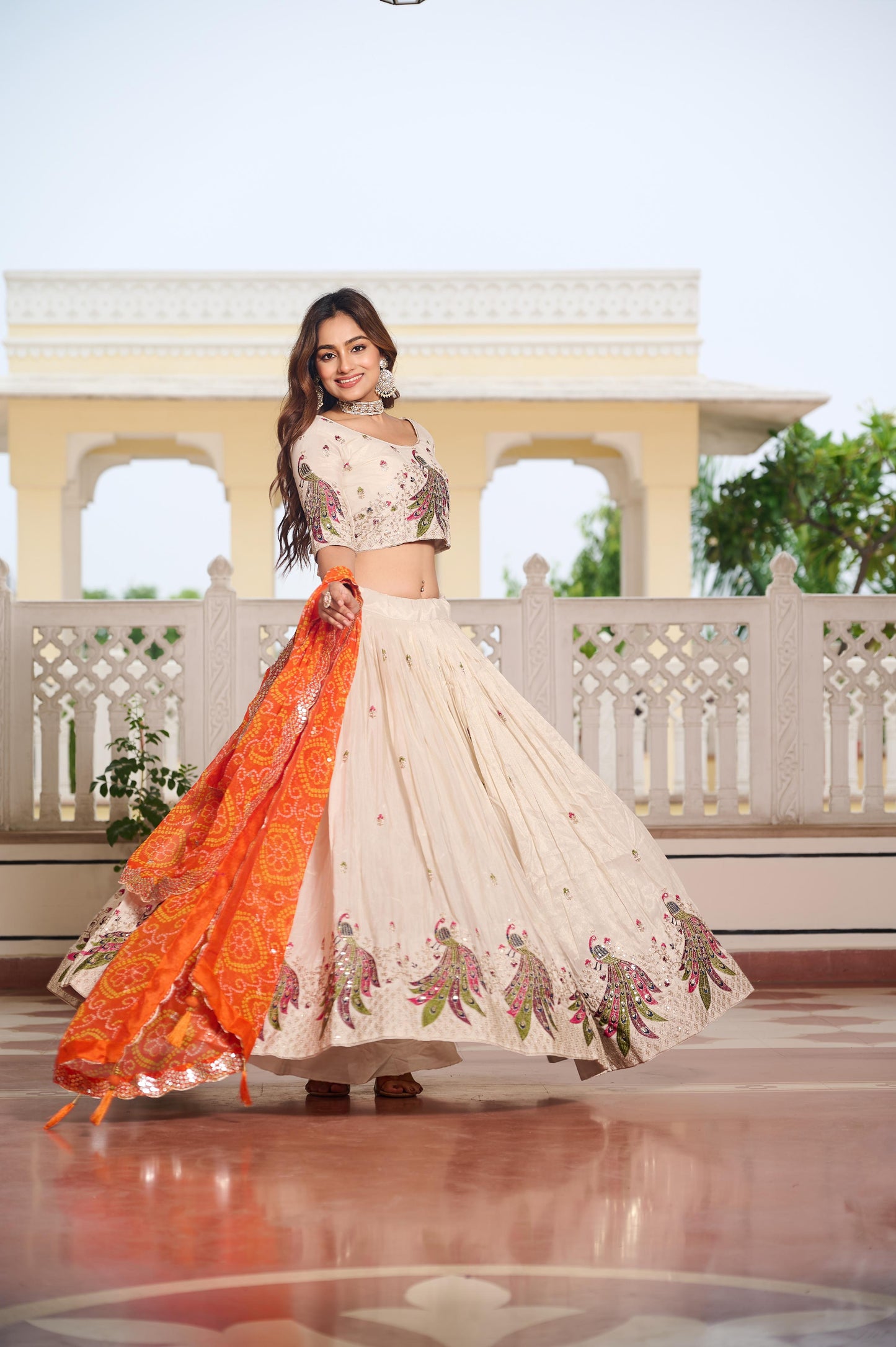 Ivory Embroidered Lehenga with Blue Dupatta for Festive Wear