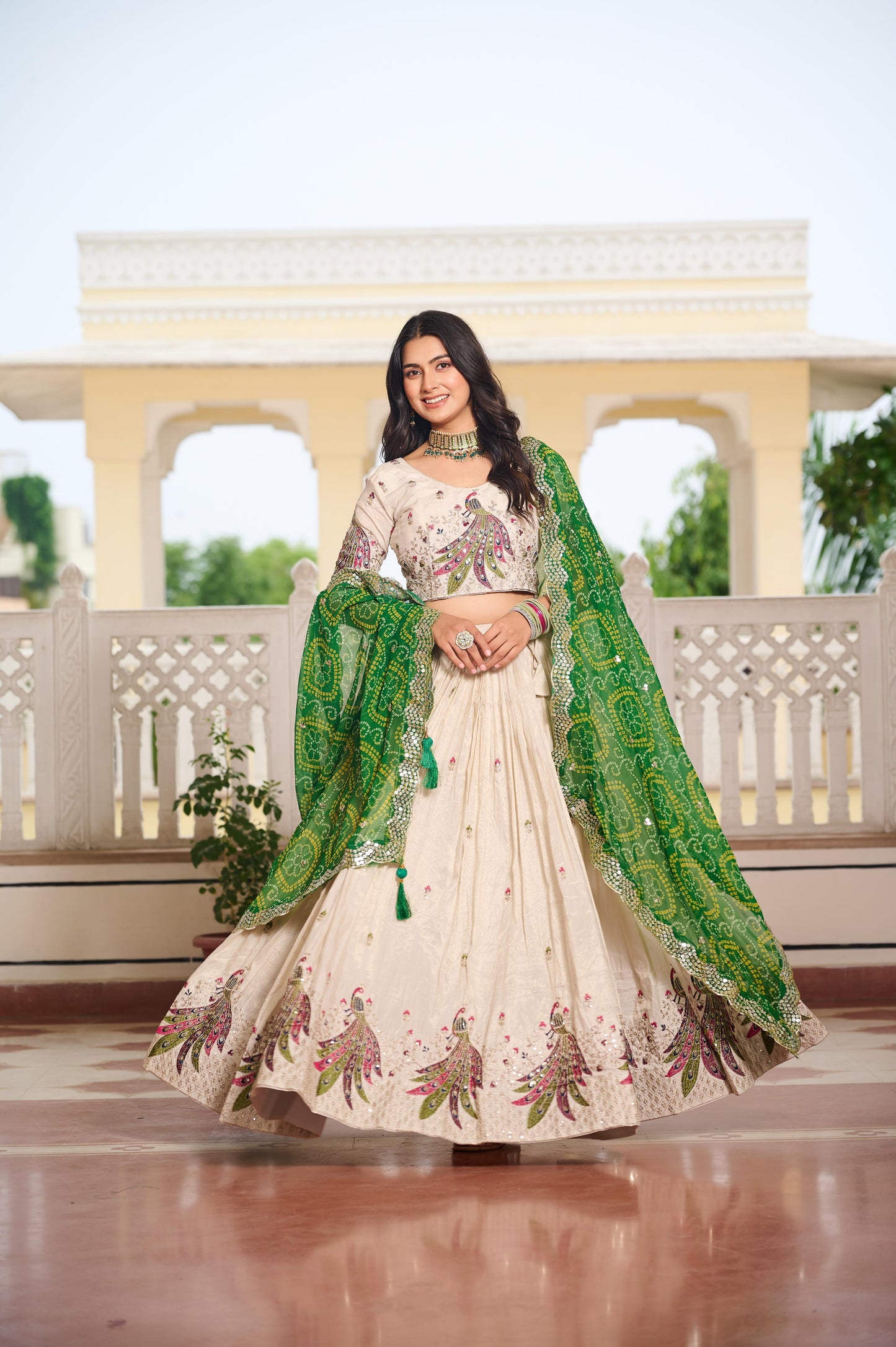 Ivory Embroidered Lehenga with Blue Dupatta for Festive Wear