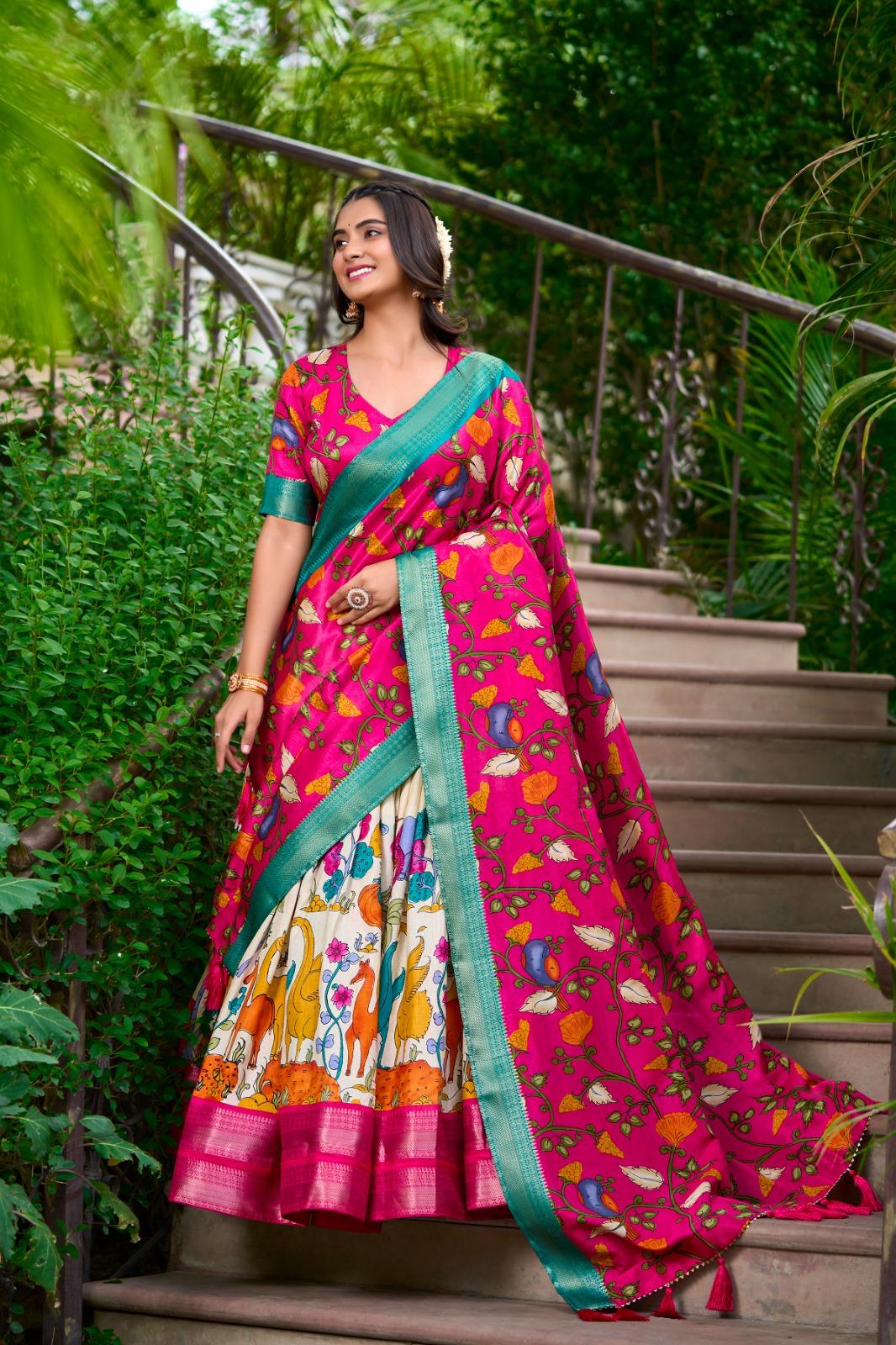 Kalamkari Dola Silk Lehenga Set with Zari Border