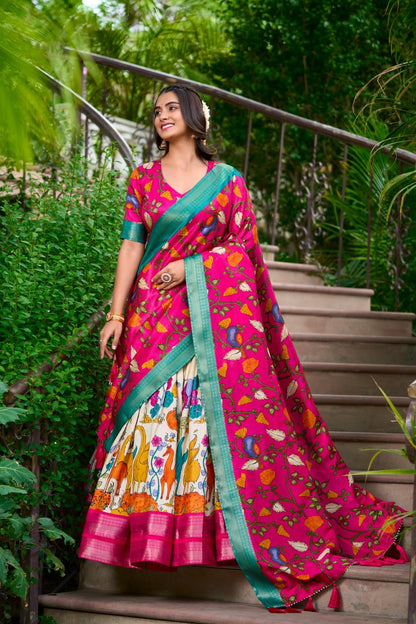 Kalamkari Dola Silk Lehenga Set with Zari Border