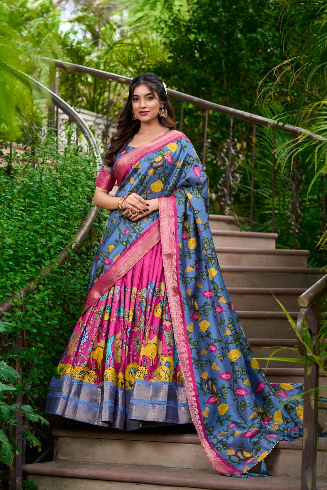 Kalamkari Dola Silk Lehenga Set with Zari Border