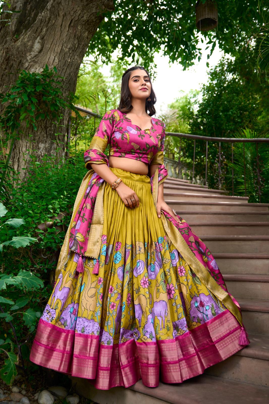 Kalamkari Dola Silk Lehenga Set with Zari Border