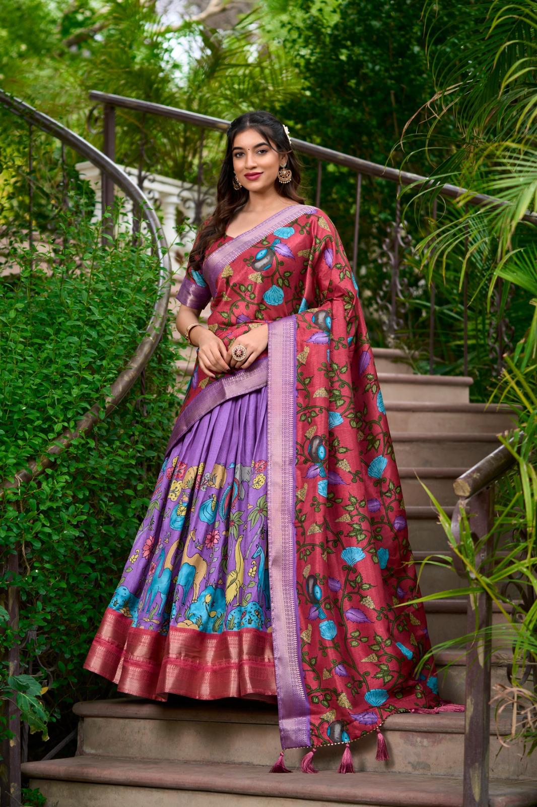 Kalamkari Dola Silk Lehenga Set with Zari Border