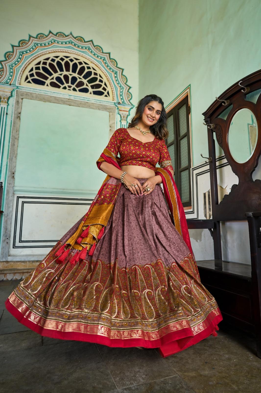 Kashmiri Print Tasar Lehenga Choli for Women