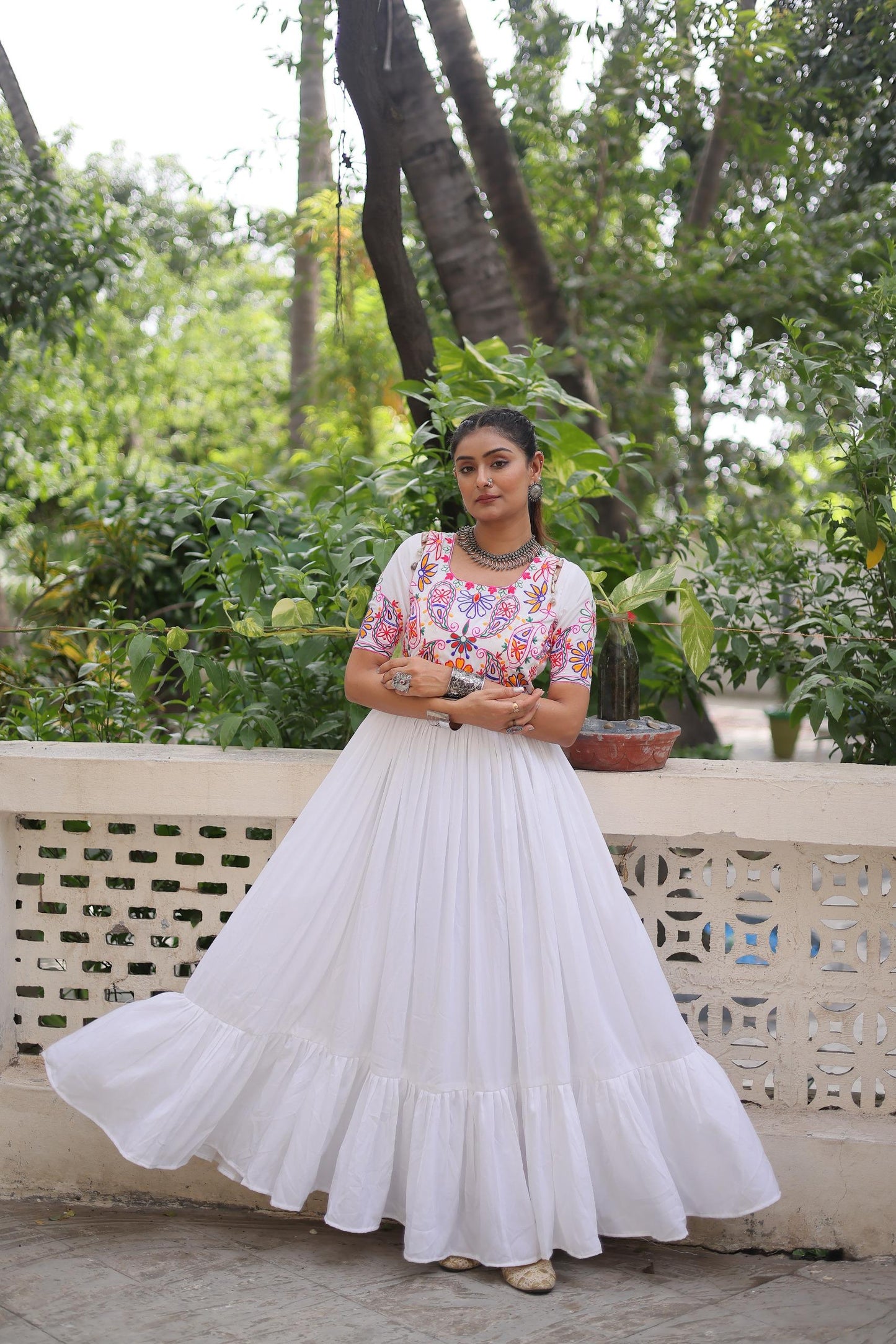 Kutchi Embroidered Rayon Gown with Frill for Festive Wear