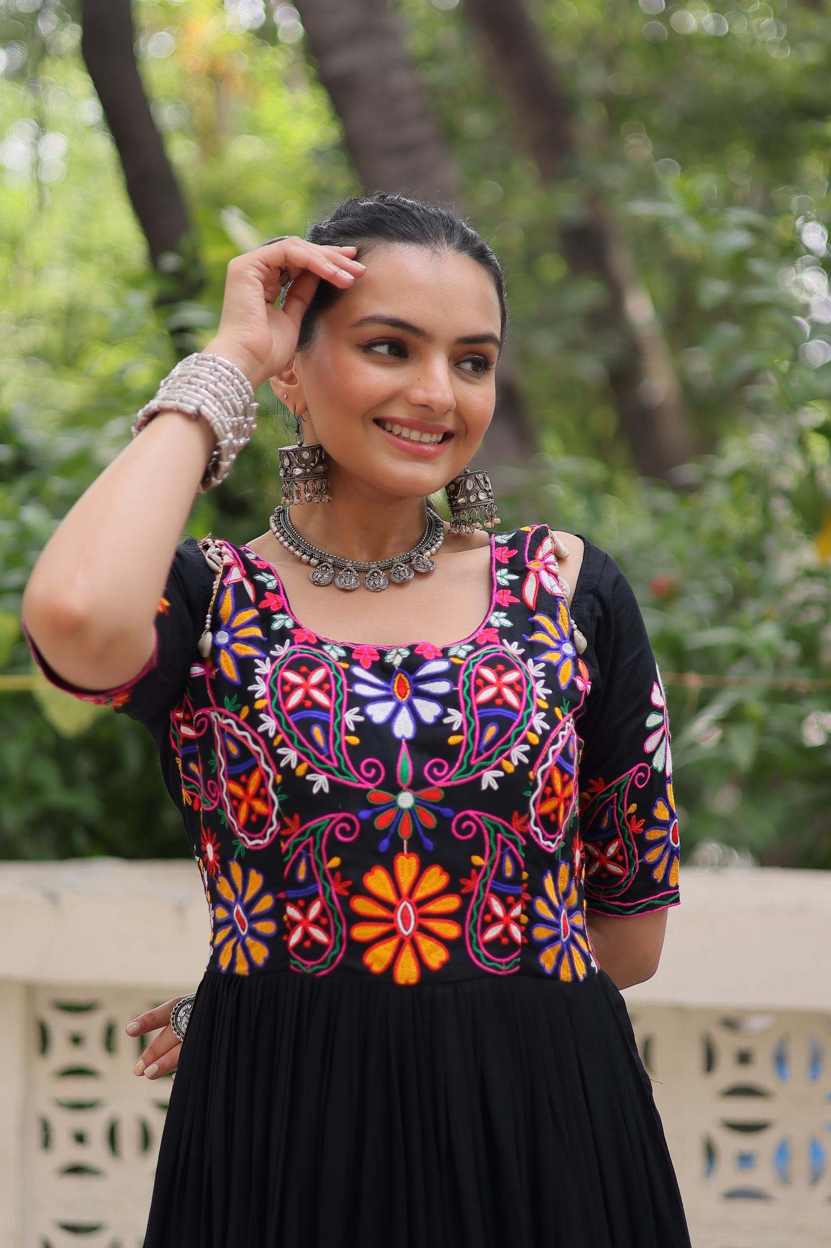 Kutchi Embroidered Rayon Gown with Frill for Festive Wear