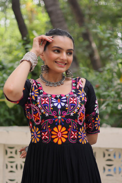 Kutchi Embroidered Rayon Gown with Frill for Festive Wear