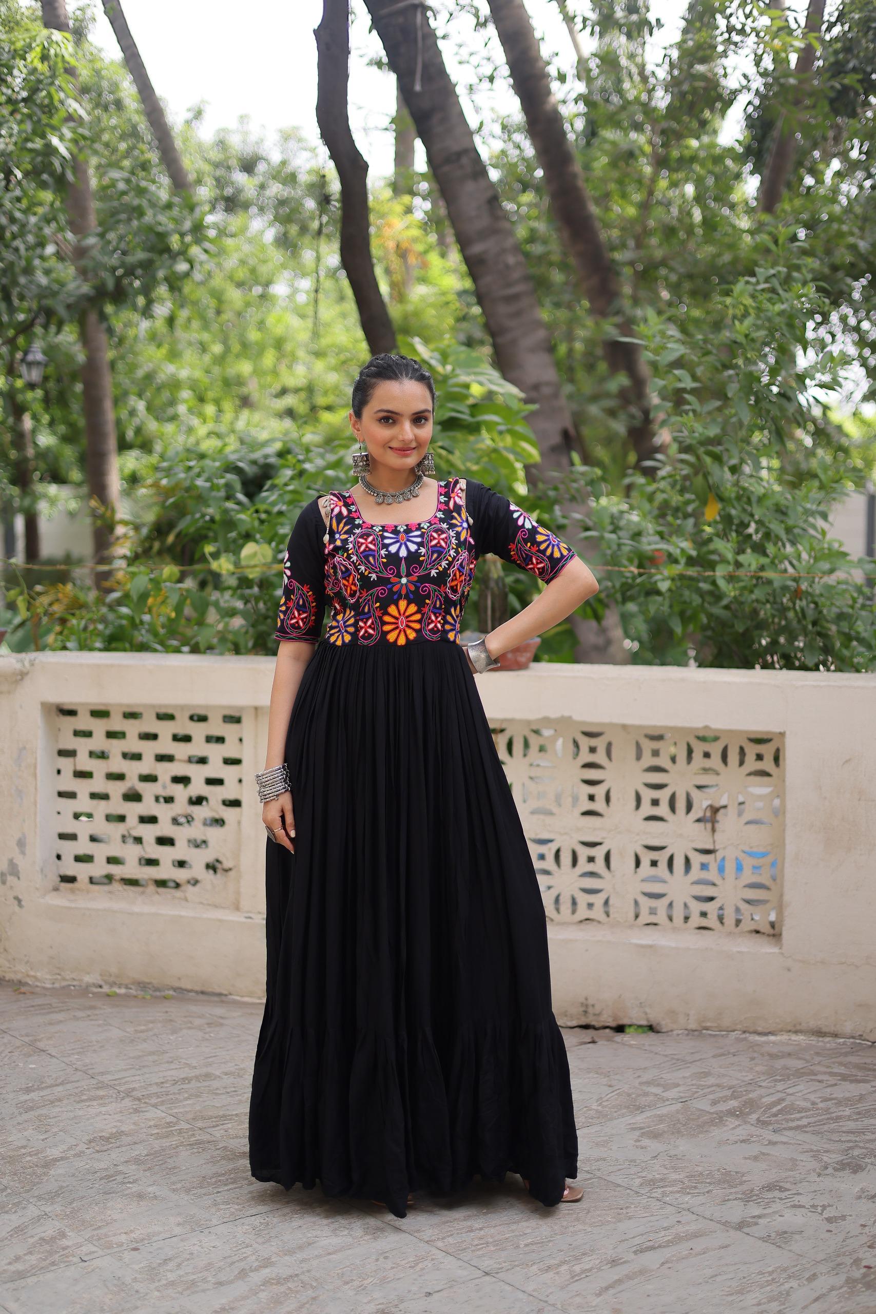Kutchi Embroidered Rayon Gown with Frill for Festive Wear