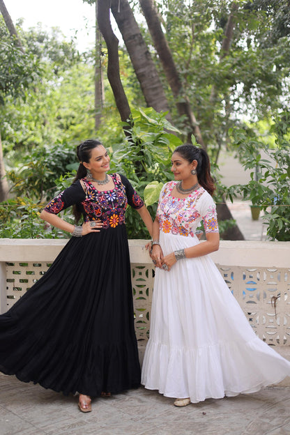 Kutchi Embroidered Rayon Gown with Frill for Festive Wear