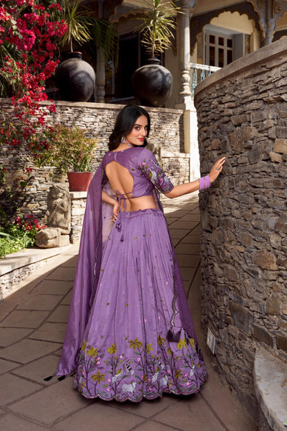 Lavender Embroidered Vichitra Lehenga Choli Set