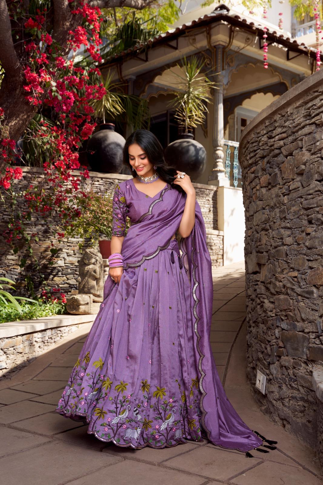 Lavender Embroidered Vichitra Lehenga Choli Set