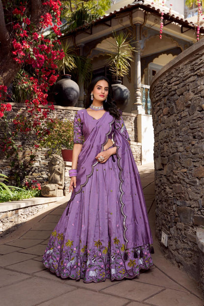 Lavender Embroidered Vichitra Lehenga Choli Set