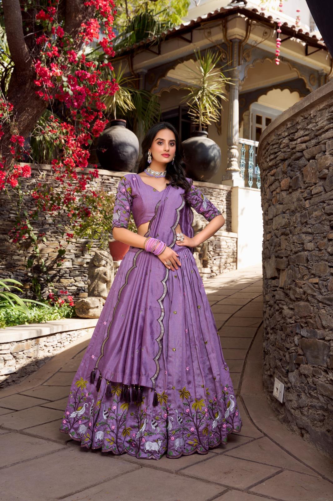 Lavender Embroidered Vichitra Lehenga Choli Set