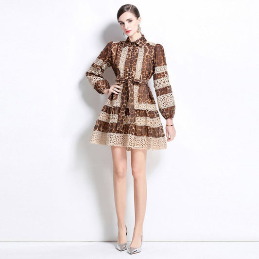 Leopard Print Lace Patchwork Mini Dress for Women  Long Sleeve Party Wear