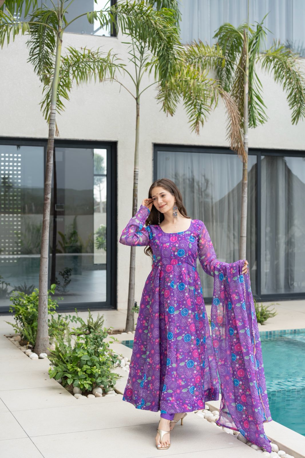 Lightweight Organza Anarkali Suit Set for Festive Wear