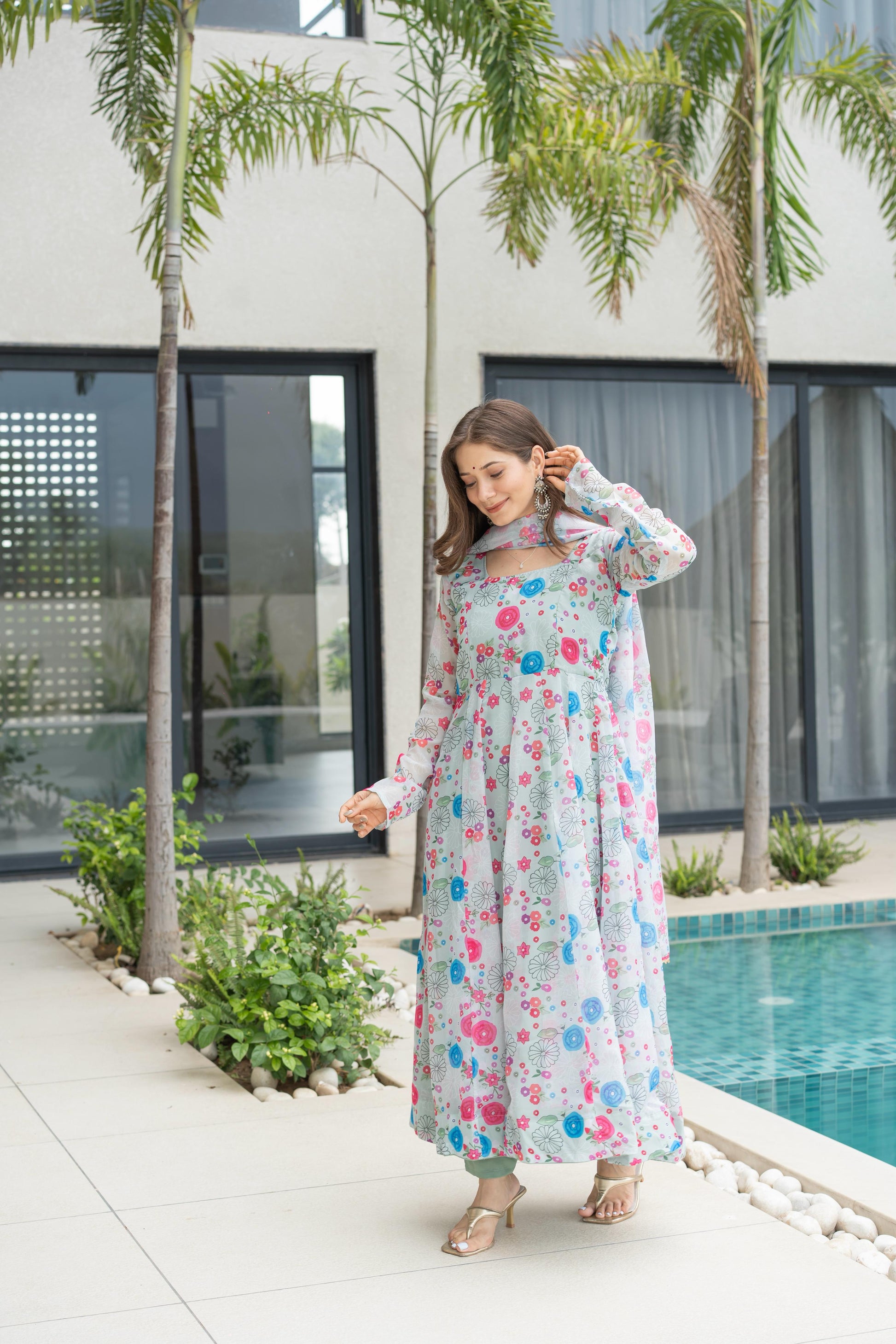 Lightweight Organza Anarkali Suit Set for Festive Wear