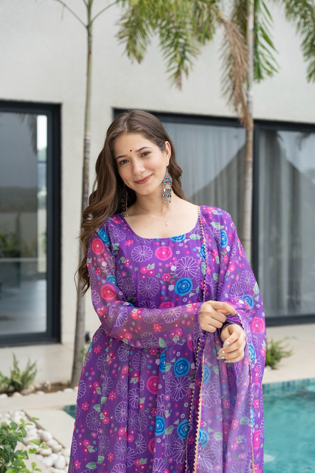 Lightweight Organza Anarkali Suit Set for Festive Wear