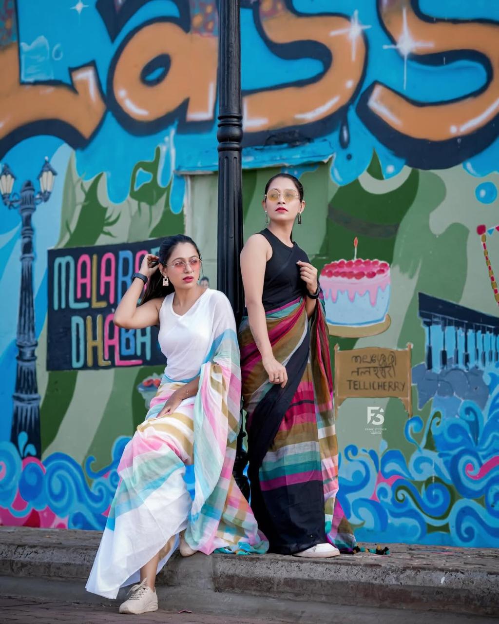 Linen Saree with Multicolour Stripes and Tassel Pallu