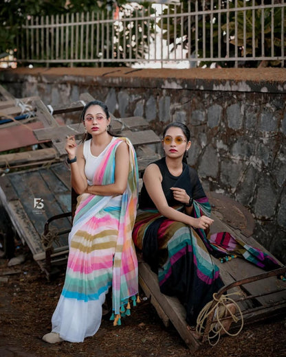 Linen Saree with Multicolour Stripes and Tassel Pallu