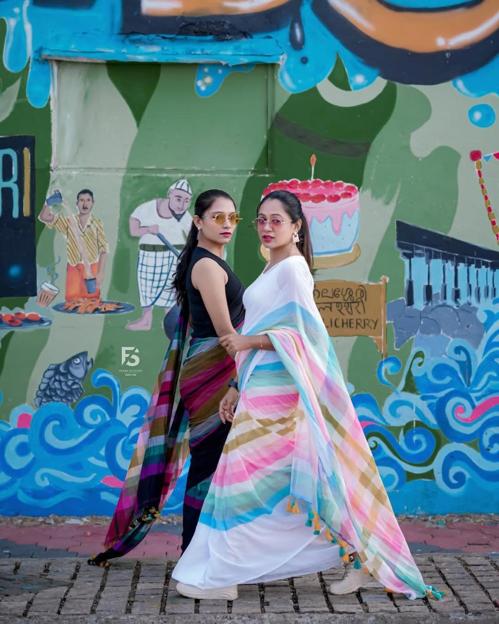 Linen Saree with Multicolour Stripes and Tassel Pallu